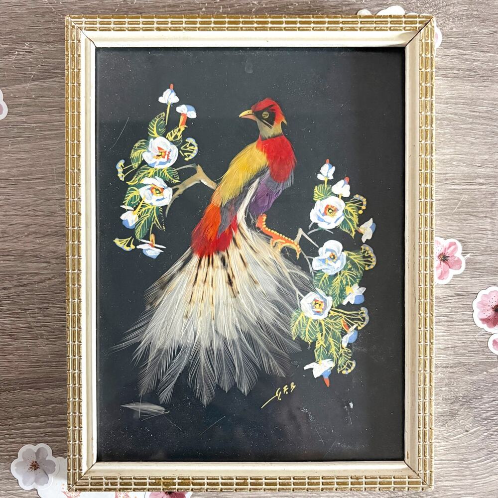 VTG 1940's Feather Bird Paintings Signed Glen F. Bastion American Folk Art Set 3 - Picture 4 of 7